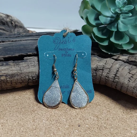 E739 Goldtone Teardrop with Silver Sparkle Glitter Accent Earrings - Picture 6 of 7